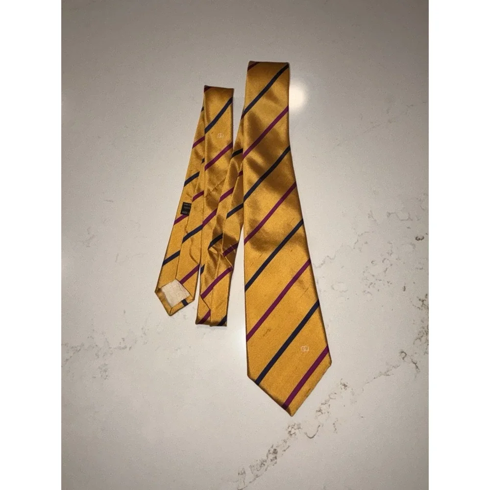 Vintage 100% Silk Gucci Striped Necktie Yellow Blue Purple Made In Italy